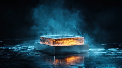 A surreal glowing ice block surrounded by mist in a dark space creates a sense of mystique and tranquility, inviting curiosity and reflection on its icy presence.