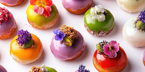Colorful Glazed Donuts with Edible Flowers A Delicious Pastry Delight