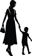Mother and child walking silhouette isolated on transparent background