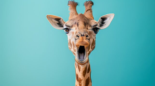 A striking close-up of a giraffe with an expressive face against a vibrant blue background, showcasing its uniqueness and charm in a playful and engaging way. - Powered by Adobe