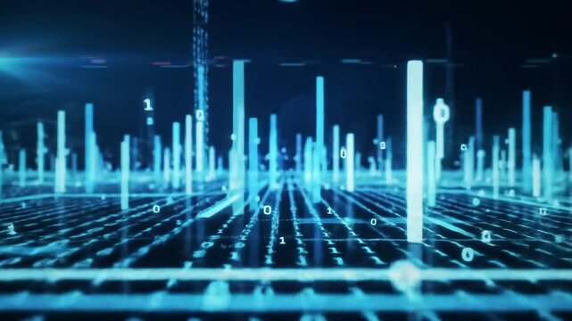 Futuristic digital data streams in motion, glowing blue cyber grid
