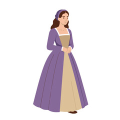 Young woman in renaissance dress standing with folded hands on transparent background