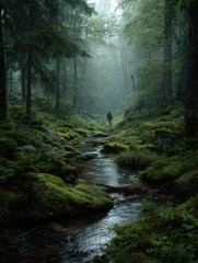 Obraz premium Person walks along a mossy stream in a misty forest. Tranquil, serene atmosphere. Ideal for websites, advertising, and print projects related to nature, travel, and tranquility.