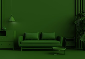 3D Dark Green Monochrome Empty Room with Sofa, lamp and furniture. Elegant Contemporary Interior Background. Minimal 3D rendering.