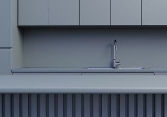 Contemporary kitchen tabletop with empty space for your product display over beautiful light grey kitchen background. Silver sink. Minimal elegant trendy kitchen. 3d rendering.
