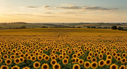 Fototapeta premium Sunflower Field at Sunset Landscape
