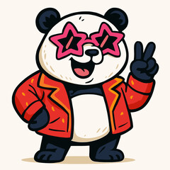 A funky panda in pink star-shaped glasses and a flashy red jacket, making a peace sign on a plain white background.