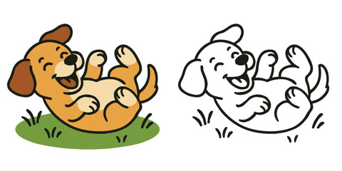 Coloring Book For Kids Cartoon Happy puppy rolling around Outline Vector Design