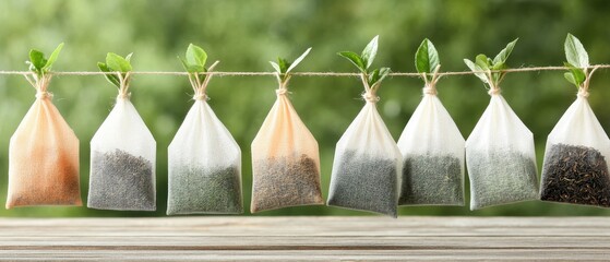 Tea bags tied together on a rope outdoors. Little green leaves adorn bags. Concept of living with minimal waste. Eco friendly and sustainable.