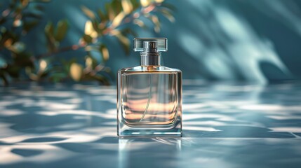 An elegant perfume bottle stands gracefully on a smooth surface, illuminated by soft light, showcasing its luxurious design and inviting nature, ideal for branding and marketing.