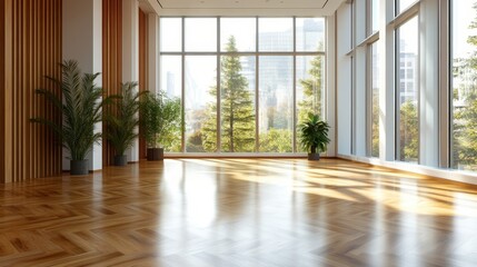 A bright, spacious, and airy contemporary living space boasting large windows that invite natural light, showcasing a stylish and tranquil environment with potted plants.