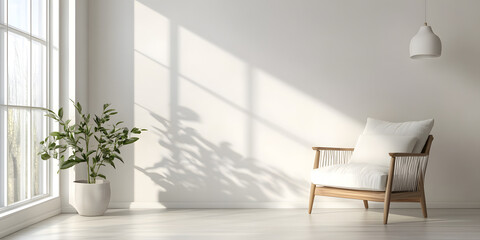 Interior of a bright living room with armchair on empty white wall background.