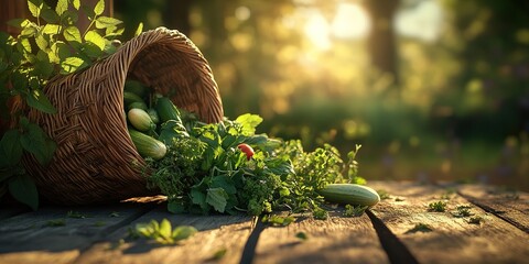 Abundant Garden Harvest Fresh Cucumbers and Herbs in Rustic Basket