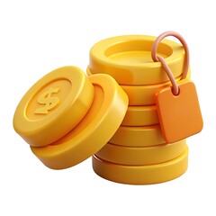Stack of gold coins with tag isolated on white background