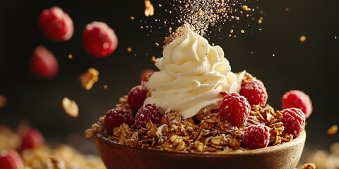 Delicious Granola Parfait Raspberries Whipped Cream  Oatmeal