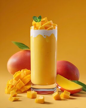 Mango Smoothie with Fresh Fruit Topping &ndash; Refreshing Summer Beverage on Yellow Background