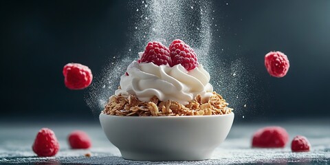 Delicious Granola with Whipped Cream and Raspberries A Tempting Breakfast Bowl