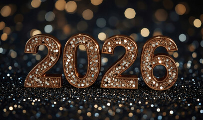 The banner. Happy New Year and Merry Christmas. Shiny numbers from 2026, sequins and a beautiful side on a dark background. The flyer. Invitation.