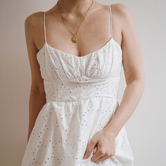 Elegant Woman in White Dress Portrait. Aesthetic Summer Fashion