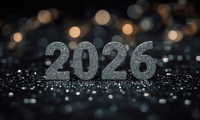 The banner. Happy New Year and Merry Christmas. Shiny numbers from 2026, sequins and a beautiful side on a dark background. The flyer. Invitation.