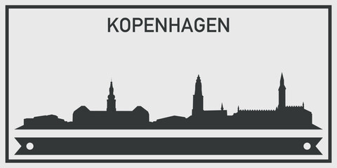 Naklejka premium Silhouette of Kopenhagen city skyline with minimalistic design in black and gray color scheme and decorative ribbon for text on the bottom. Vector on a gray background