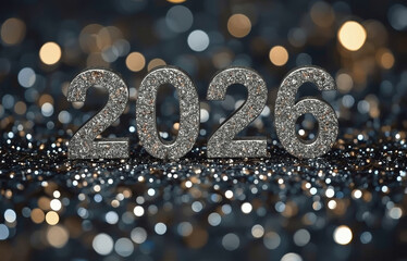 The banner. Happy New Year and Merry Christmas. Shiny numbers from 2026, sequins and a beautiful side on a dark background. The flyer. Invitation.