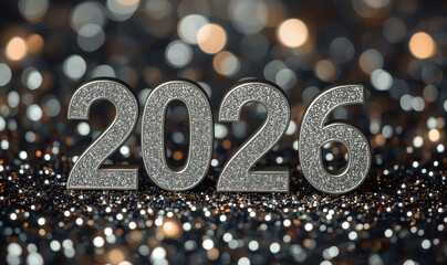 The banner. Happy New Year and Merry Christmas. Shiny numbers from 2026, sequins and a beautiful side on a dark background. The flyer. Invitation.