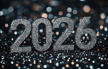 The banner. Happy New Year and Merry Christmas. Shiny numbers from 2026, sequins and a beautiful side on a dark background. The flyer. Invitation.