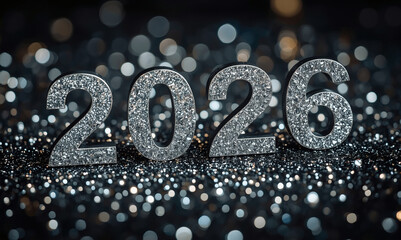 The banner. Happy New Year and Merry Christmas. Shiny numbers from 2026, sequins and a beautiful side on a dark background. The flyer. Invitation.