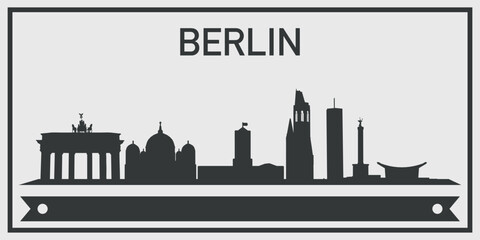 Naklejka premium Silhouette of Berlin city skyline with minimalistic design in black and gray color scheme and decorative ribbon for text on the bottom. Vector on a gray background
