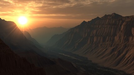 Fototapeta premium Golden sunset illuminating canyon landscape view