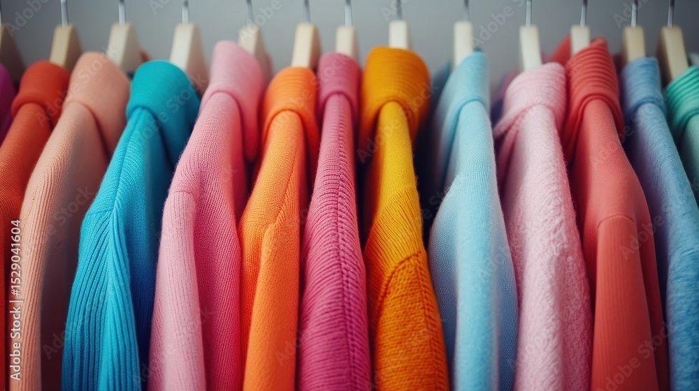 Poster a vibrant collection of neatly hung sweaters in various colors, showcasing an array of hues that evo