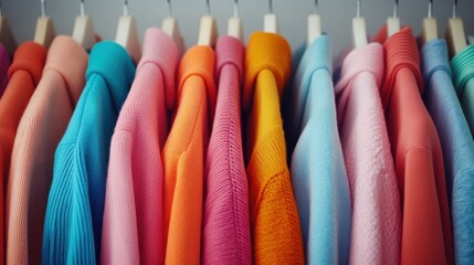 A vibrant collection of neatly hung sweaters in various colors, showcasing an array of hues that evoke feelings of warmth, comfort, and the joy of seasonal fashion.
