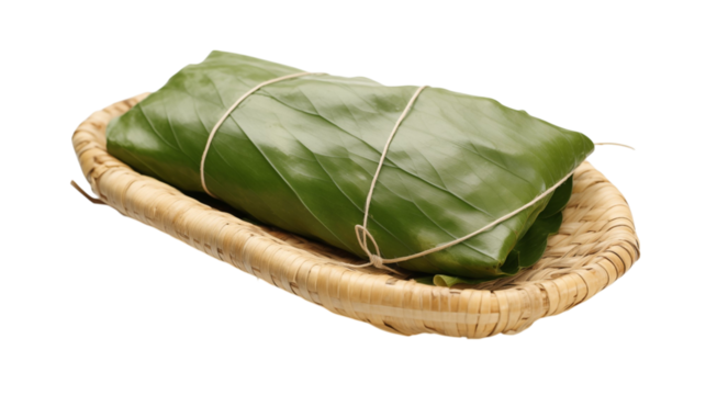 A green leaf wrapped food item tied with string on a woven wicker plate