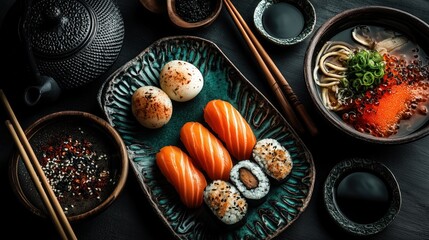 Exquisite japanese cuisine featuring sushi, ramen, and traditional accompaniments