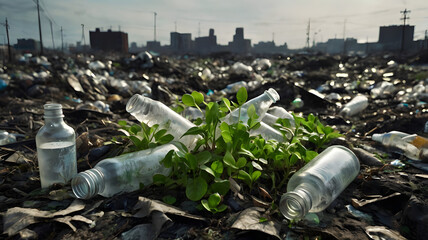 A detailed, high-resolution image depicting a dirty, gloomy slum-like garbage dump filled with plastic waste, rotten debris, and overgrown green plants. The polluted environment is surrounded by old, 
