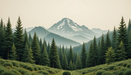 Fototapeta premium Serene Mountain Forest Landscape Evergreen Trees and Misty Peaks