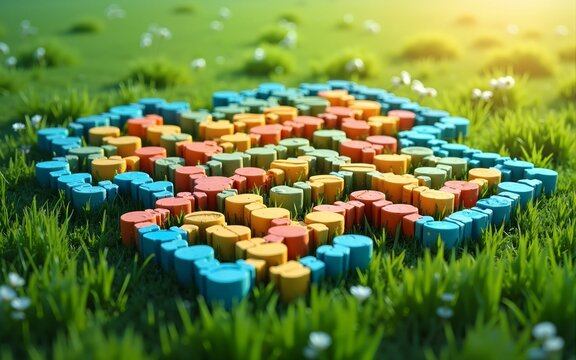 Sustainable Development 3D Maze puzzle pattern on green grass. Colorful 3D vector cubes. 17 Goals to success. Corporate social responsibility. High quality
