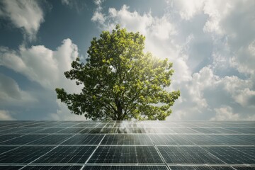 A lush green tree stands atop a vast solar panel field under a partly cloudy sky.  Represents clean, renewable energy. Ideal for environmental, technology, and sustainability projects.