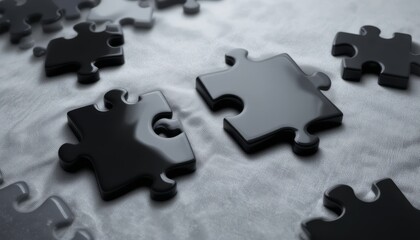 Obraz premium Glossy Black Puzzle Pieces on Gray Fabric Problem Solving Concept