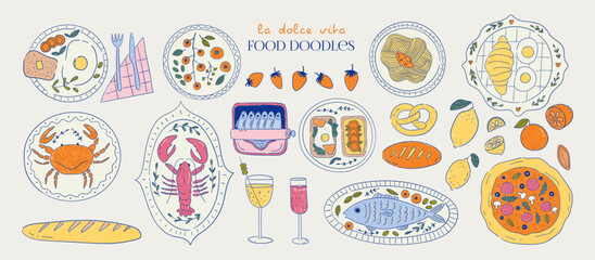 Set of hand drawn whimsical illustrations of italian food and drinks. Lobster, crab, pizza, lemons, tomatoes, pasta on plates. La dolce vita dinner party. Slow living concept. Vector graphic