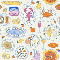 Seamless vector pattern with hand drawn whimsical illustrations of italian food and drinks. Lobster, crab, pizza, lemons, tomatoes, pasta on background. La dolce vita dinner party wallpaper