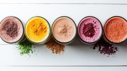 An enticing array of colorful smoothies presented in glasses, showcasing a blend of natural ingredients that highlight health, freshness, and vibrant flavors for wellness enthusiasts.