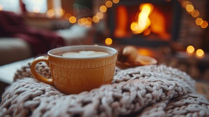 A comforting cup of hot coffee nestled in a knitted blanket, beside a glowing fireplace, embodying warmth, tranquility, and the joy of relaxing moments on chilly evenings.