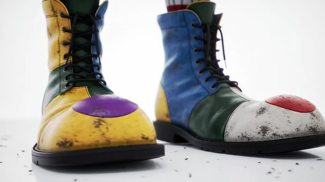 Whimsical clown shoes rocking gently, vibrant photorealistic close-up