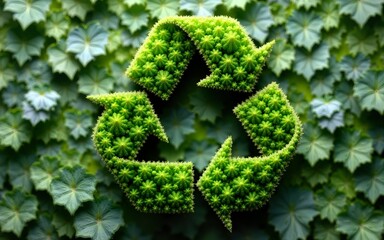 Green recycling symbol made of foliage on a leafy background forming an eco-friendly abstract concept ideal for sustainability themes. High quality