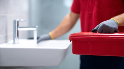 A skilled worker holds a bright red toolbox while preparing for plumbing tasks. The image captures a moment of readiness in a modern bathroom environment. Professional and efficient. AI