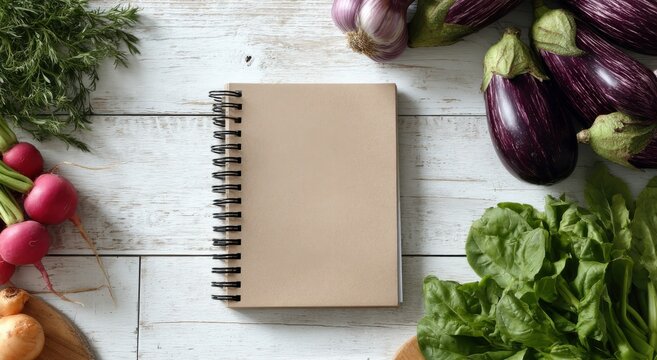 Blank Recipe Book Surrounded By Fresh Vegetables on White Wood, Representing Healthy Eating and Meal Planning for Culinary Inspiration and Nutrition Guides : Generative AI