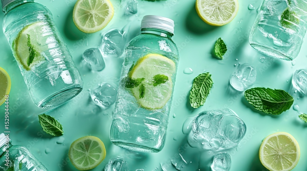 Poster a refreshing beverage setup with lemon slices, mint leaves, and ice cubes, creating a vibrant atmosp
