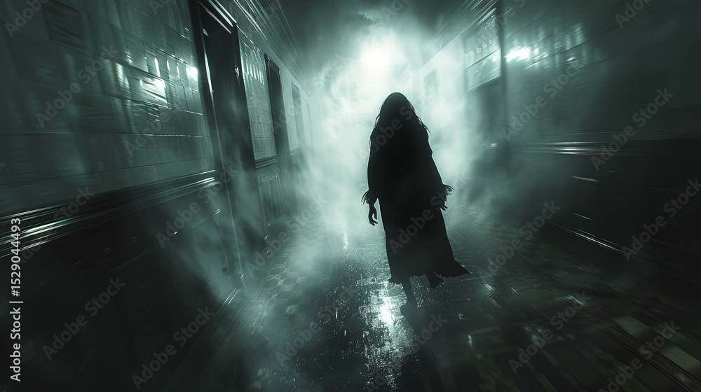 Aufkleber a haunting image of a shadowy figure shrouded in mist, walking through a dimly lit hallway, creating